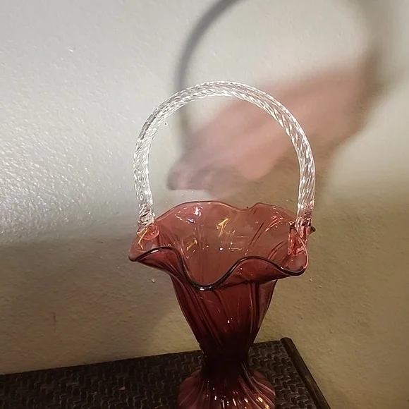 Vintage Fenton Style Glass Basket Vase Cranberry Red Burgundy Vase - Picture 3 of 10